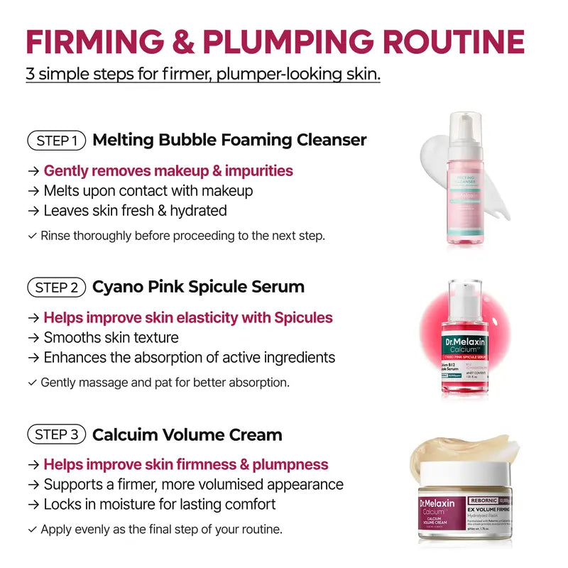 [Dr.Melaxin Official] Firming & Plumping Routine | Pink Spicule Serum, Melting Cleanser & Calcium Cream Trio