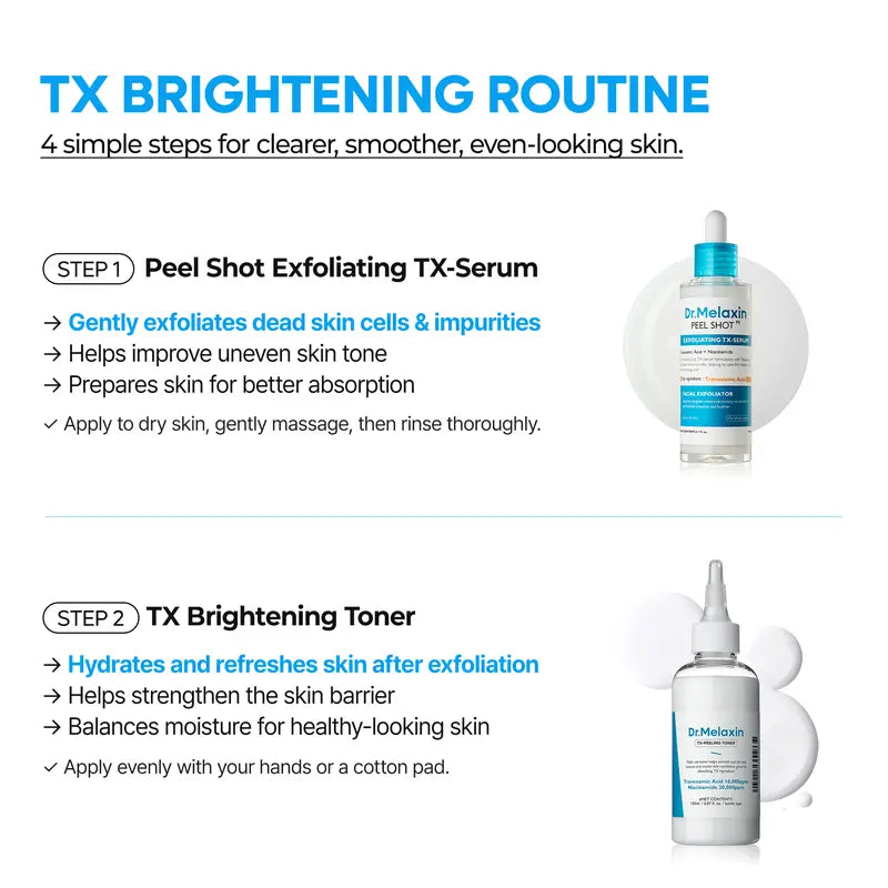 [Dr.Melaxin Official] TX Brightening Routine | TX Peel Shot Serum, TX Peeling Toner, TX Dark Spot Ampoule & TX Cream 4-Piece Set